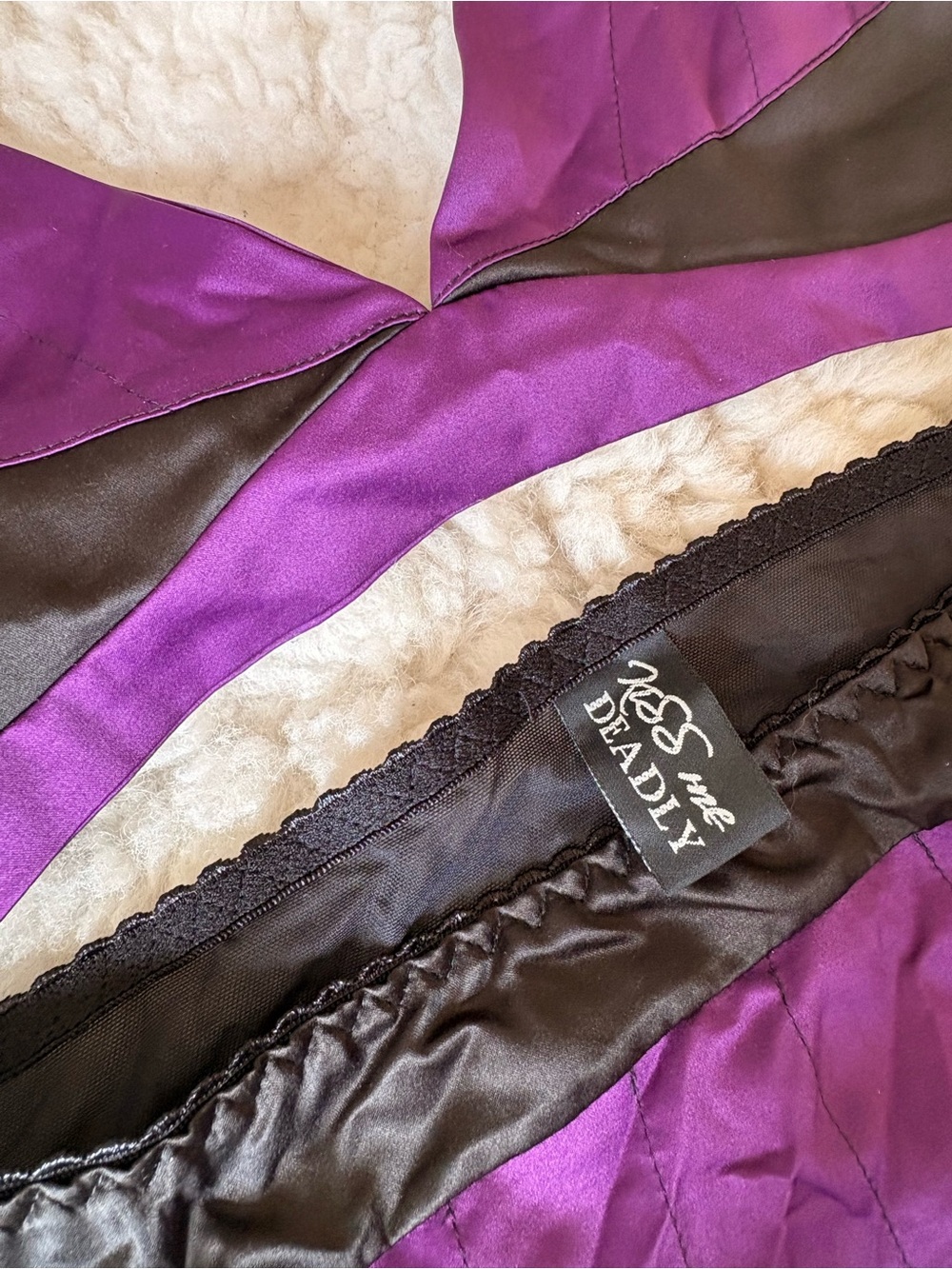 Kiss Me Deadly Purple Satin Bralette, Panty and Garter Set Size S/M - Picture 2 of 7